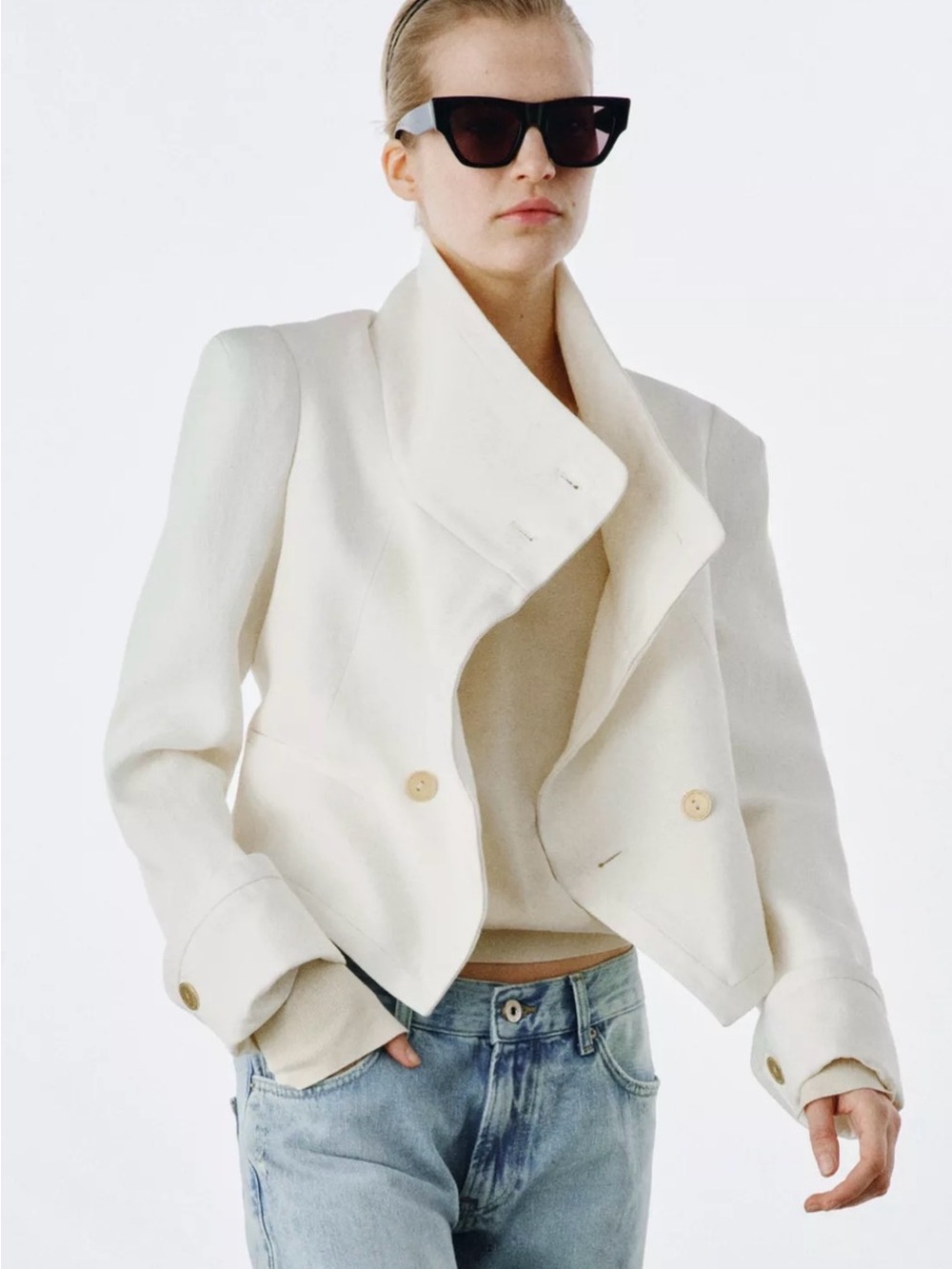 Zara White Cropped Structured Blazer